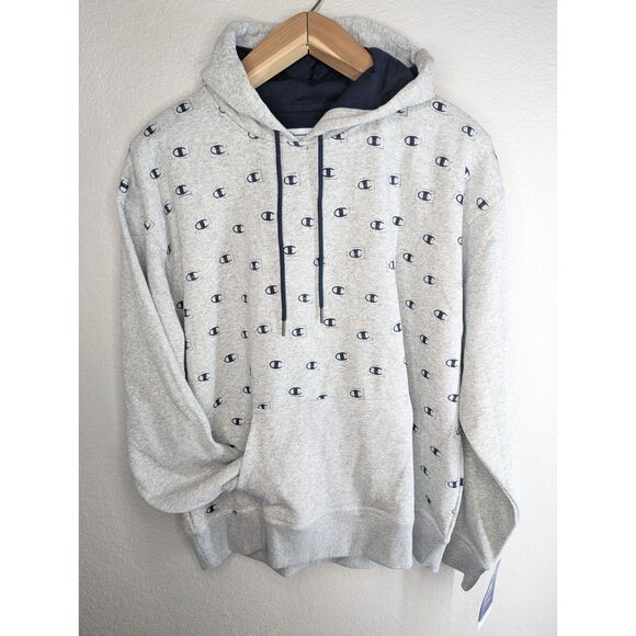 NWT Champion Logo Hoodie Pullover Size XL Gray Sports Sweatshirt Comfy Athletic - Picture 10 of 10